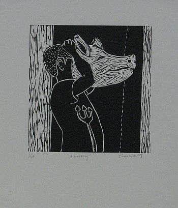 Click the image for a view of: Colbert Mashile. Visionary. 2009. Linocut. 430X357mm